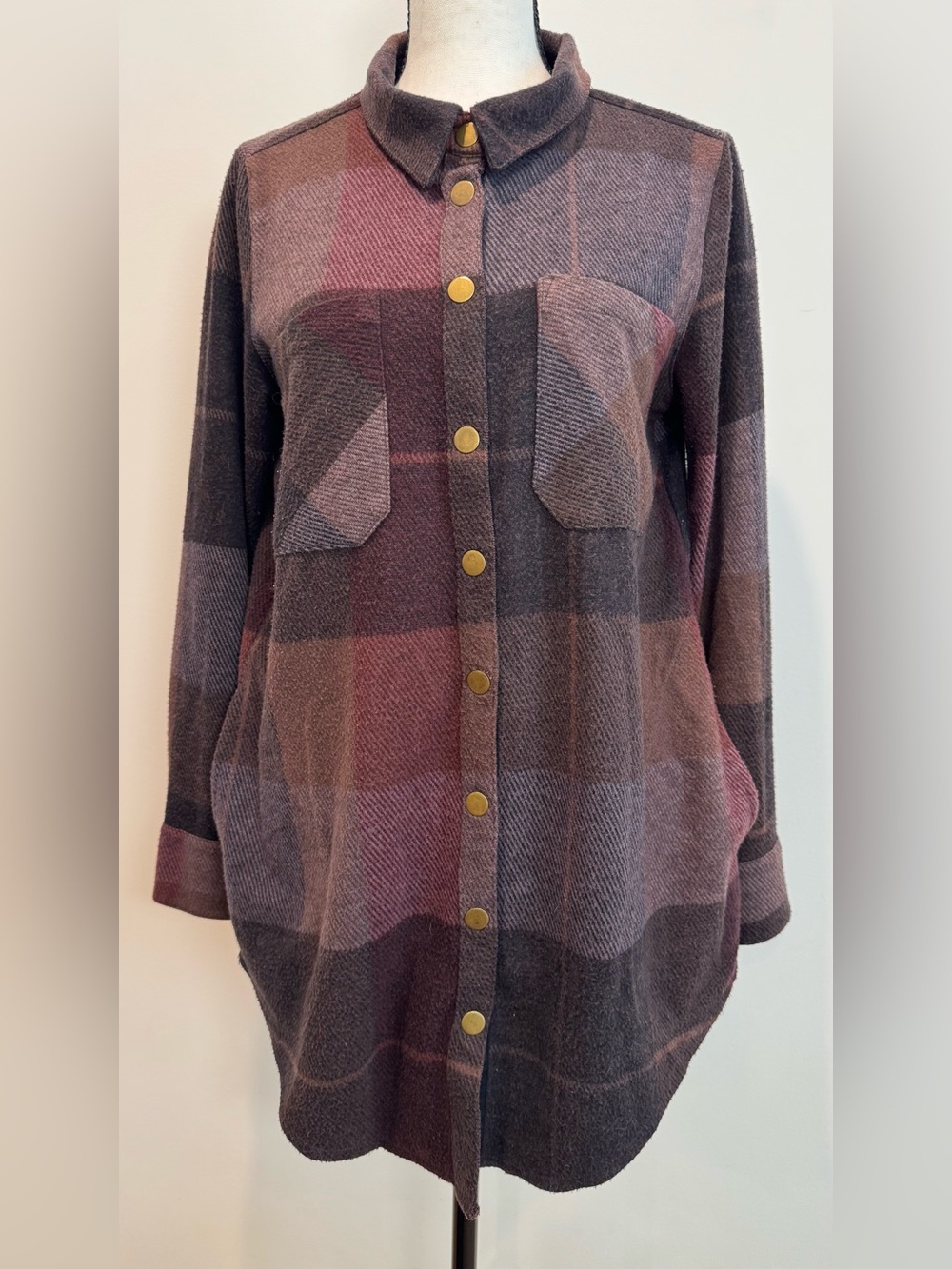 Soft Surroundings Plaid Shirt Jacket Small Burgundy Shacket Tunic Pockets Fall